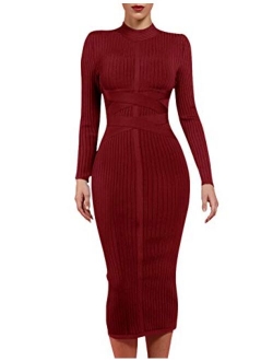 Women's Long Sleeves Cross Strap Ribbed Club Party Midi Bodycon Bandage Dress