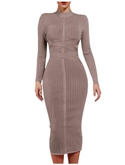 Women's Long Sleeves Cross Strap Ribbed Club Party Midi Bodycon Bandage Dress