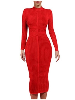 Women's Long Sleeves Cross Strap Ribbed Club Party Midi Bodycon Bandage Dress