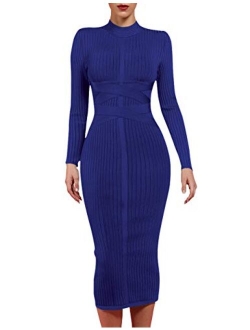 Women's Long Sleeves Cross Strap Ribbed Club Party Midi Bodycon Bandage Dress