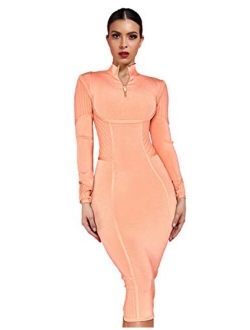 Women's Long Sleeves Cross Strap Ribbed Club Party Midi Bodycon Bandage Dress