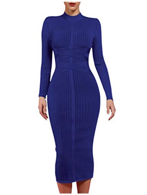 UONBOX Women's Long Sleeves Cross Strap Ribbed Club Party Midi Bodycon Bandage Dress