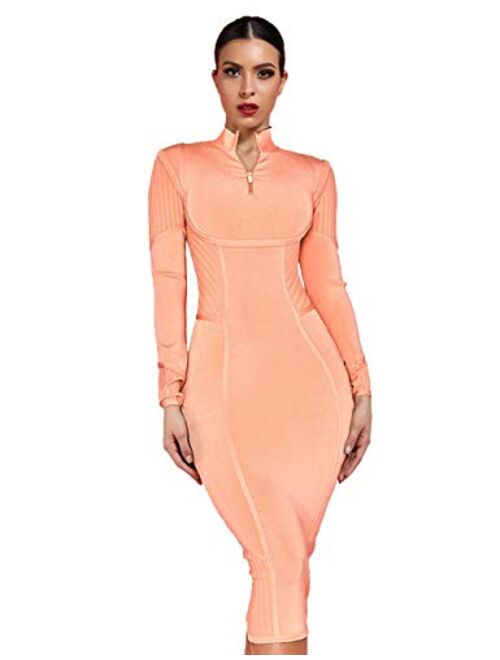 UONBOX Women's Long Sleeves Cross Strap Ribbed Club Party Midi Bodycon Bandage Dress