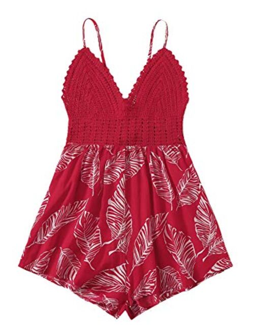 SheIn Women's Crochet Lace V Neck Spaghetti Strap Backless Tropical Romper Jumpsuit