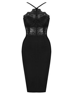 Women's Sexy Lace Spliced Backless Spaghetti Strap Halter Cocktail Party Bandage Dress