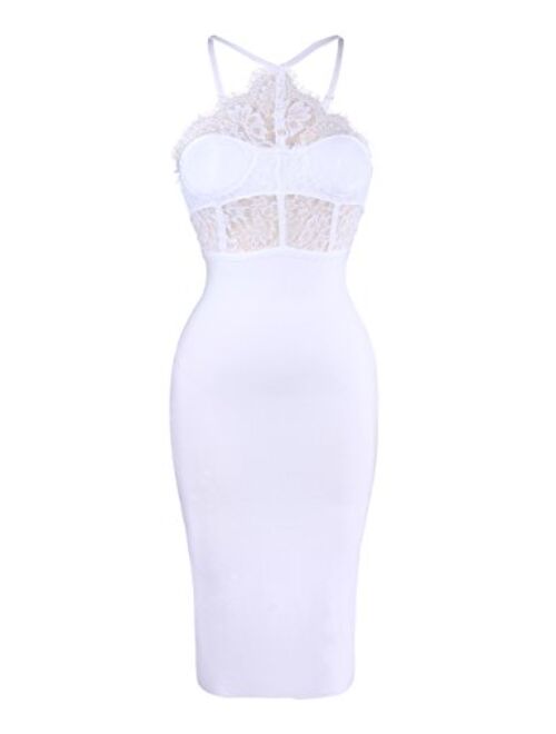 UONBOX Women's Sexy Lace Spliced Backless Spaghetti Strap Halter Cocktail Party Bandage Dress