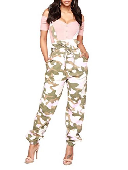 Ophestin Women Sleeveless Camo Print Tie Waist Slim Loose Long Pants Jumpsuits Rompers Overall