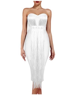 Women's Strapless Elegant Tassel Tube Dress Bodycon Party Bandage Dress