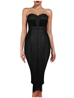 Women's Strapless Elegant Tassel Tube Dress Bodycon Party Bandage Dress