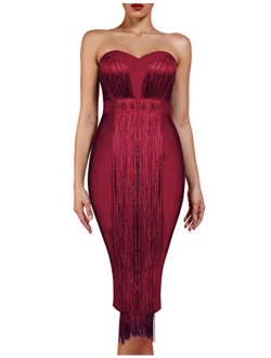 Women's Strapless Elegant Tassel Tube Dress Bodycon Party Bandage Dress