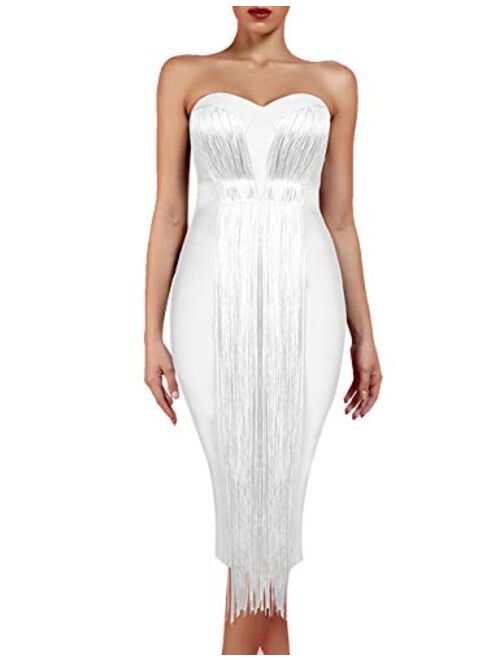 UONBOX Women's Strapless Elegant Tassel Tube Dress Bodycon Party Bandage Dress