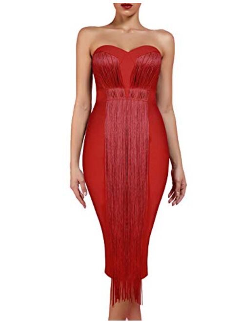 UONBOX Women's Strapless Elegant Tassel Tube Dress Bodycon Party Bandage Dress