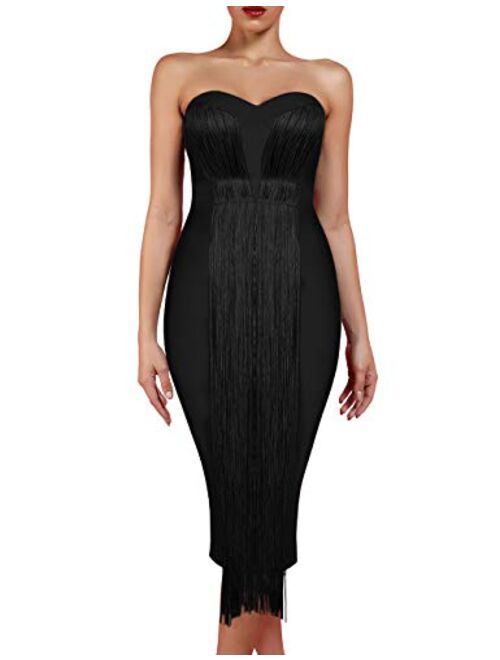 UONBOX Women's Strapless Elegant Tassel Tube Dress Bodycon Party Bandage Dress