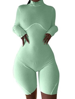 XLLAIS Women Sexy High Neck Long Sleeve Bodycon Shorts Jumpsuit Rib Outfits