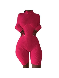 XLLAIS Women Sexy High Neck Long Sleeve Bodycon Shorts Jumpsuit Rib Outfits