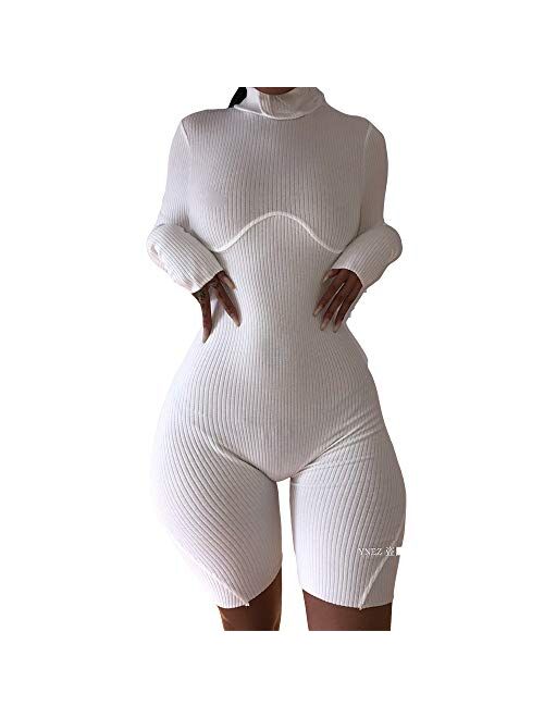 XLLAIS Women Sexy High Neck Long Sleeve Bodycon Shorts Jumpsuit Rib Outfits