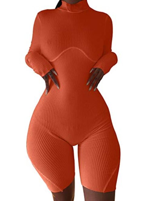 XLLAIS Women Sexy High Neck Long Sleeve Bodycon Shorts Jumpsuit Rib Outfits