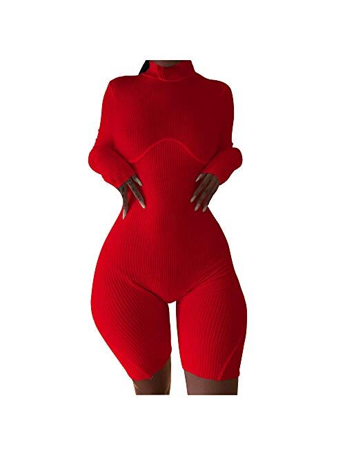 XLLAIS Women Sexy High Neck Long Sleeve Bodycon Shorts Jumpsuit Rib Outfits