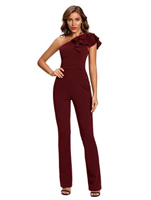 SUGAR POISON Women's Elegant Casual Sleeveless Ruffle One Shoulder High Waist Long Jumpsuit