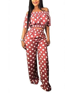 LKOUS Women Summer Elegant Spaghetti Strap Sleeveless Polka Dot Print One-Piece Loose Wide Leg Pants Jumpsuits Romper