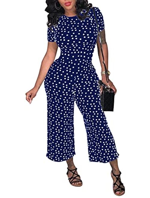 LKOUS Women Summer Elegant Spaghetti Strap Sleeveless Polka Dot Print One-Piece Loose Wide Leg Pants Jumpsuits Romper