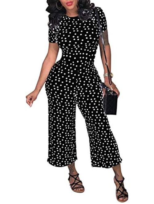 LKOUS Women Summer Elegant Spaghetti Strap Sleeveless Polka Dot Print One-Piece Loose Wide Leg Pants Jumpsuits Romper