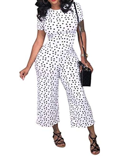 LKOUS Women Summer Elegant Spaghetti Strap Sleeveless Polka Dot Print One-Piece Loose Wide Leg Pants Jumpsuits Romper