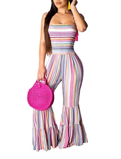 LKOUS Women Summer Elegant Spaghetti Strap Sleeveless Polka Dot Print One-Piece Loose Wide Leg Pants Jumpsuits Romper