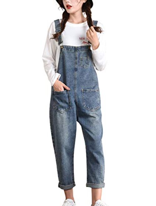 Flygo Women's Loose Baggy Denim Bib Overalls Jumpsuit Harem Pants