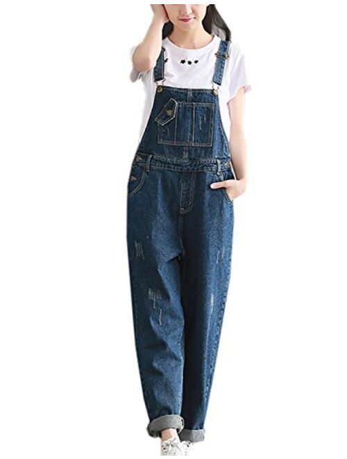 Flygo Women's Loose Baggy Denim Bib Overalls Jumpsuit Harem Pants