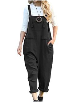 YESNO Women Casual Loose Long Bloomer Bib Pants Overalls Baggy Cotton Jumpsuits Rompers Elastic Cuff Pockets PA0