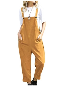 YESNO Women Casual Loose Long Bloomer Bib Pants Overalls Baggy Cotton Jumpsuits Rompers Elastic Cuff Pockets PA0