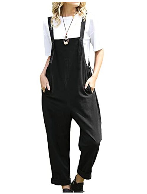 YESNO Women Casual Loose Long Bloomer Bib Pants Overalls Baggy Cotton Jumpsuits Rompers Elastic Cuff Pockets PA0