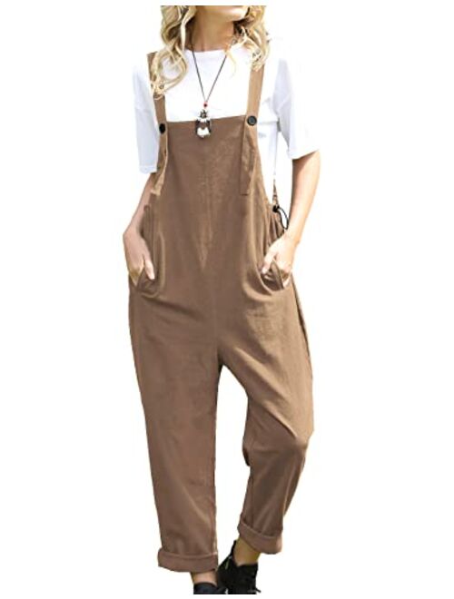 YESNO Women Casual Loose Long Bloomer Bib Pants Overalls Baggy Cotton Jumpsuits Rompers Elastic Cuff Pockets PA0