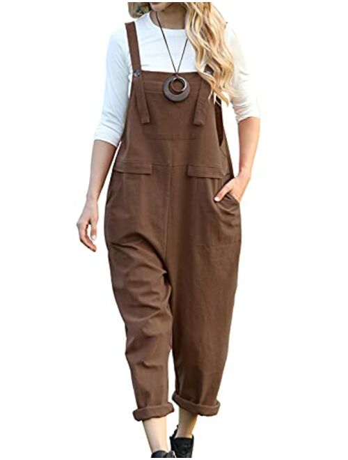 YESNO Women Casual Loose Long Bloomer Bib Pants Overalls Baggy Cotton Jumpsuits Rompers Elastic Cuff Pockets PA0