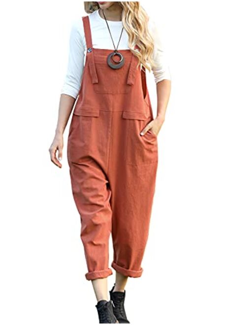 YESNO Women Casual Loose Long Bloomer Bib Pants Overalls Baggy Cotton Jumpsuits Rompers Elastic Cuff Pockets PA0