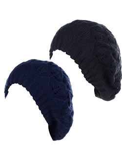 BYOS Women Mid-Weight Slouchy Leafy Cutout Crochet Soft Knit French Beret Hat