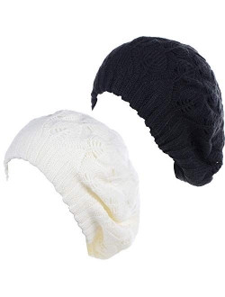 BYOS Women Mid-Weight Slouchy Leafy Cutout Crochet Soft Knit French Beret Hat