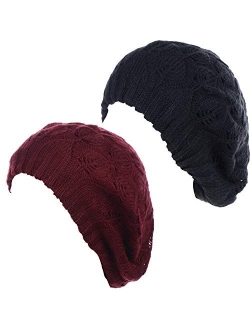 BYOS Women Mid-Weight Slouchy Leafy Cutout Crochet Soft Knit French Beret Hat