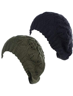 BYOS Women Mid-Weight Slouchy Leafy Cutout Crochet Soft Knit French Beret Hat