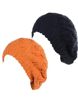 BYOS Women Mid-Weight Slouchy Leafy Cutout Crochet Soft Knit French Beret Hat