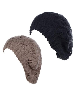 BYOS Women Mid-Weight Slouchy Leafy Cutout Crochet Soft Knit French Beret Hat