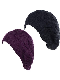 BYOS Women Mid-Weight Slouchy Leafy Cutout Crochet Soft Knit French Beret Hat