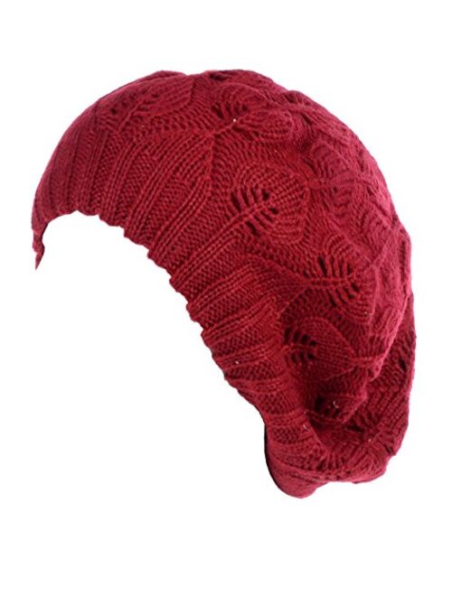 BYOS Women Mid-Weight Slouchy Leafy Cutout Crochet Soft Knit French Beret Hat