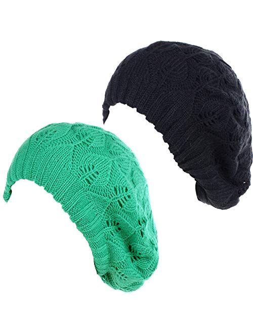 BYOS Women Mid-Weight Slouchy Leafy Cutout Crochet Soft Knit French Beret Hat