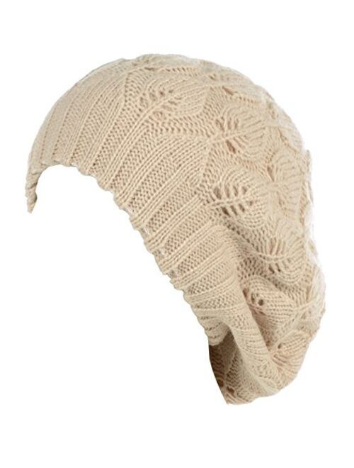 BYOS Women Mid-Weight Slouchy Leafy Cutout Crochet Soft Knit French Beret Hat