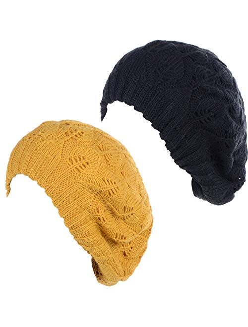 BYOS Women Mid-Weight Slouchy Leafy Cutout Crochet Soft Knit French Beret Hat