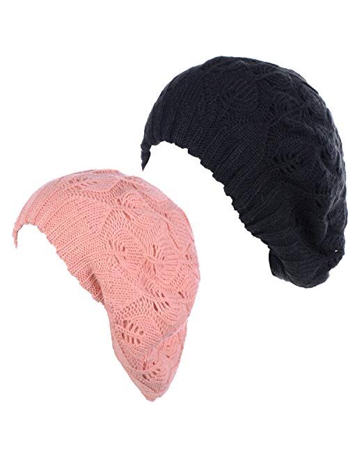 BYOS Women Mid-Weight Slouchy Leafy Cutout Crochet Soft Knit French Beret Hat