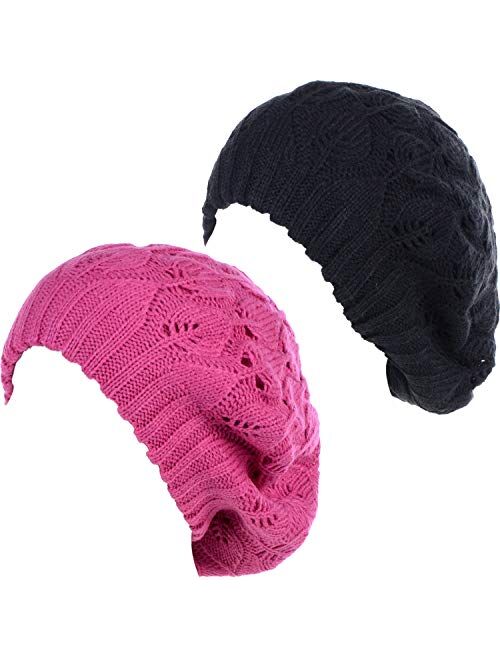 BYOS Women Mid-Weight Slouchy Leafy Cutout Crochet Soft Knit French Beret Hat