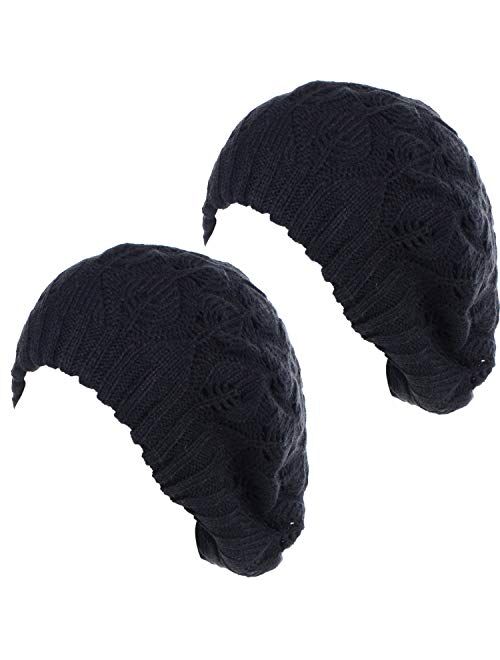 BYOS Women Mid-Weight Slouchy Leafy Cutout Crochet Soft Knit French Beret Hat